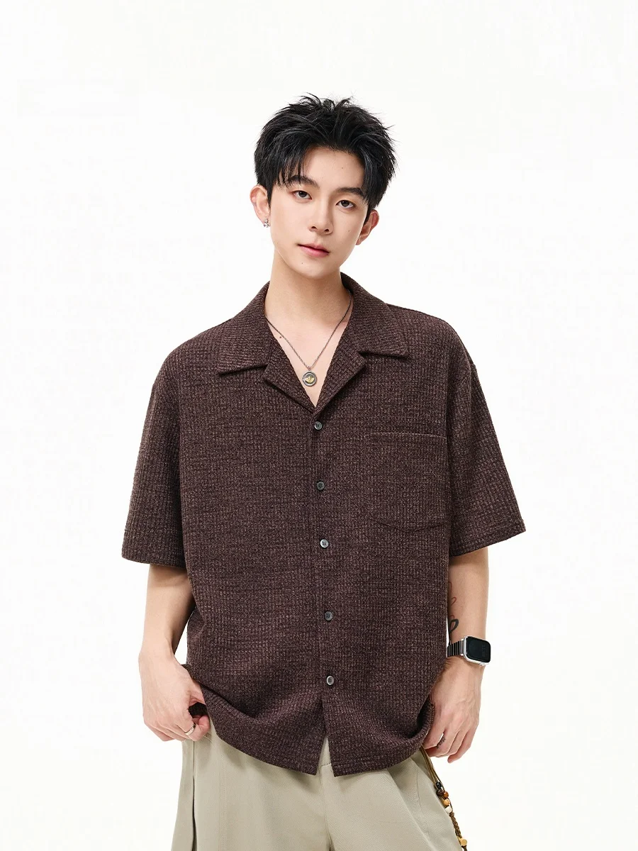 

Casual Cuban Collar Knitted ort Sve irt Men's Summer Retro Texture Loose Fit Breathable Polyester Versatile f Sve