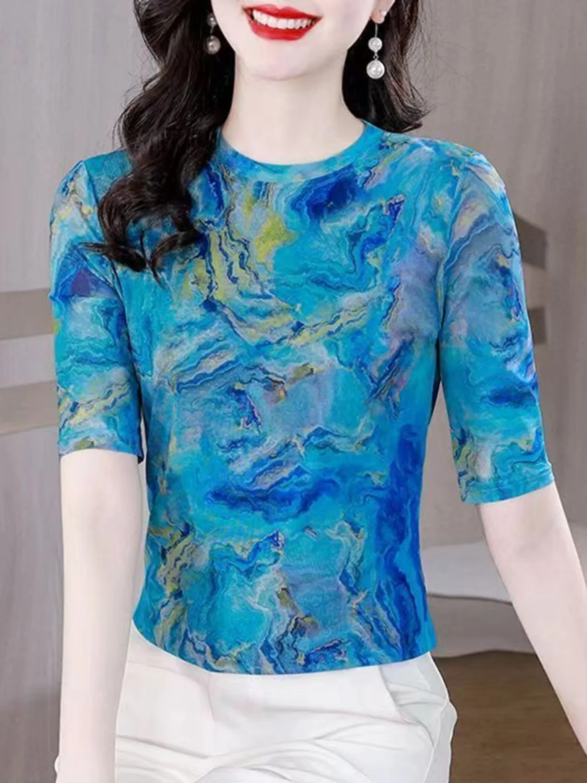 

Women's Mesh Short Sleeve T-Shirt Slim Fit Printed Fashionable Anti-Aging Base Shirt round Neck Regular Length Polyester
