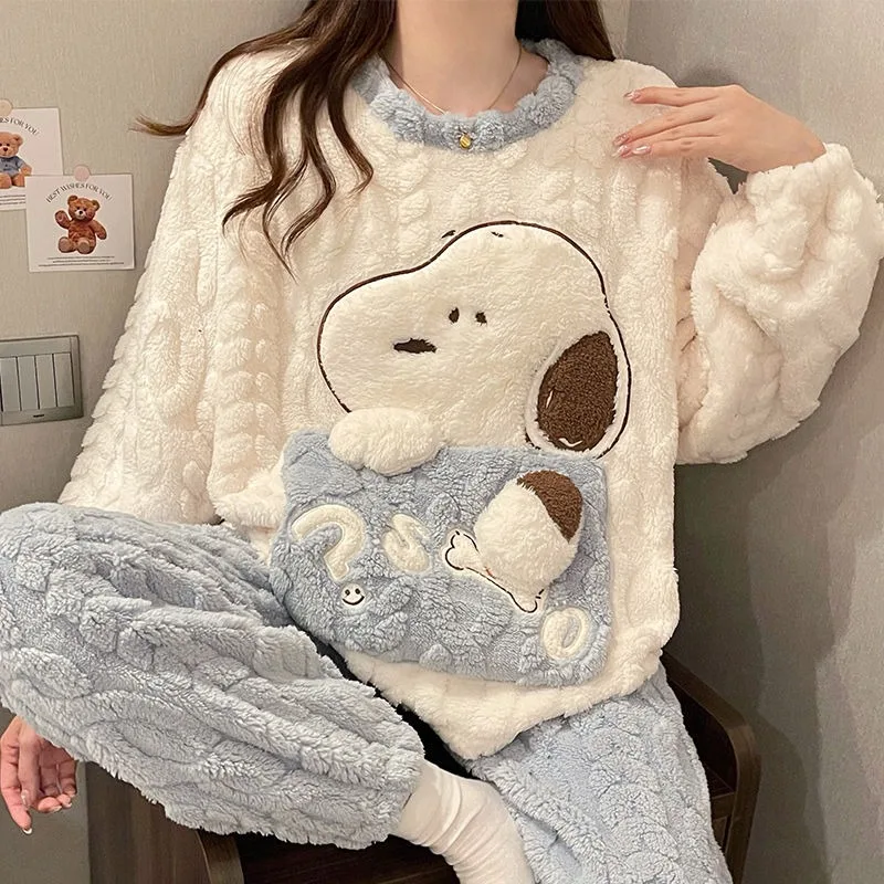 Snoopy Cartoon Kawaii Pajamas Women Autumn and Winter Flannel Plus Velvet Thickened Home Clothes Set Birthday Gift Wholesale