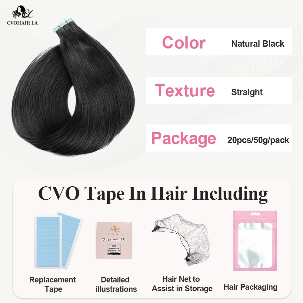 وصلات شعر ريمي مستقيمة للنساء السمراوات ، لحمة جلد غير ملحومة ، شريط غير مرئي طبيعي ، شعر بشري ، 50 جم ، 20 ~