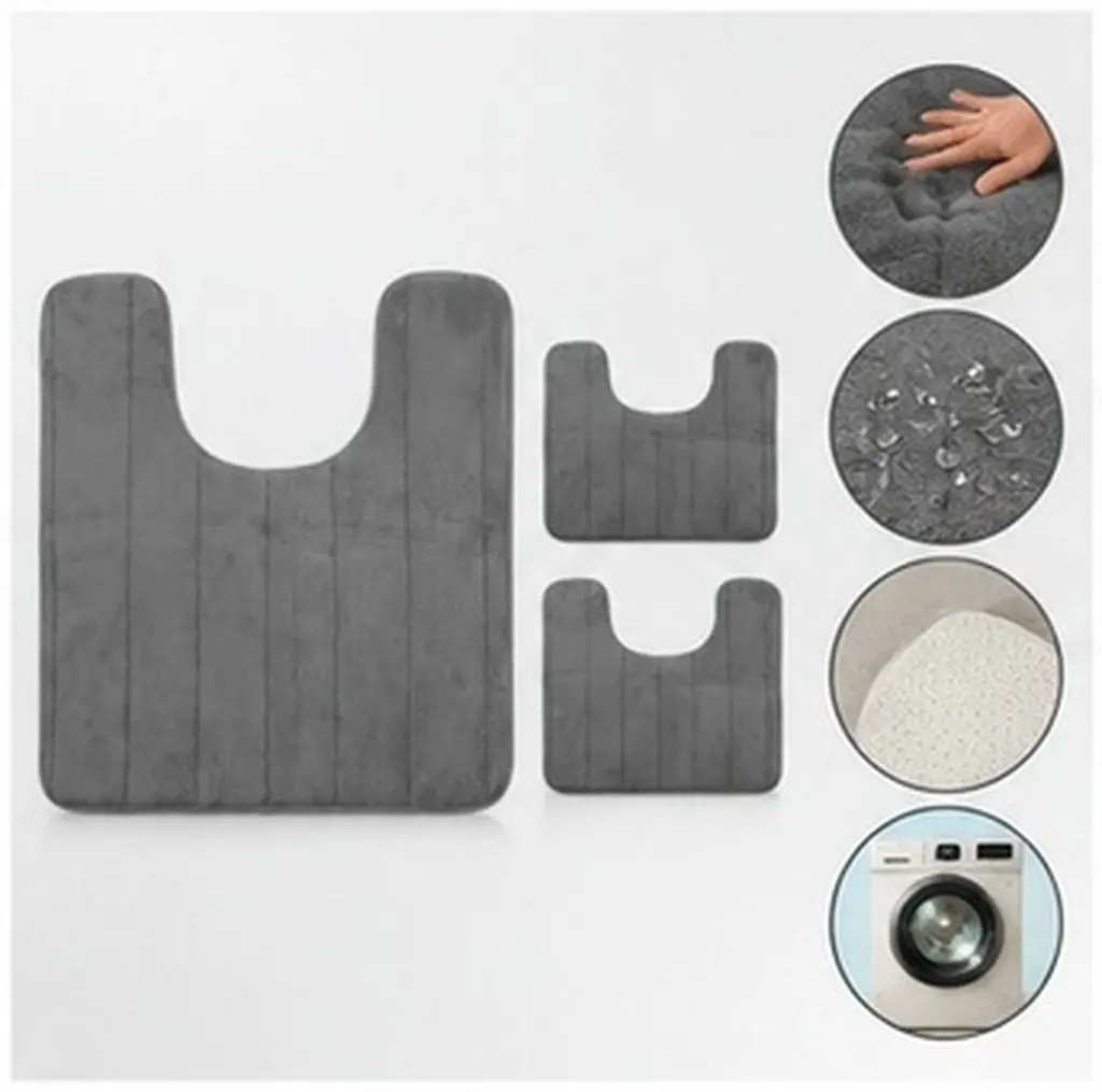 3Pcs Toilet U Shape Non Slip Bath Mat Commode Contour Rug Soft Absorbent Washable Bathroom Floor Rug Dark Grey 23.7x19.7in