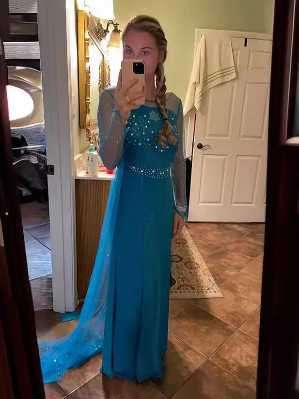 女性のためのエルザ姫のドレス,ハロウィーンの衣装,大きいサイズ,長いスタイル,スパンコールのついた青いドレス,パーティー,大人