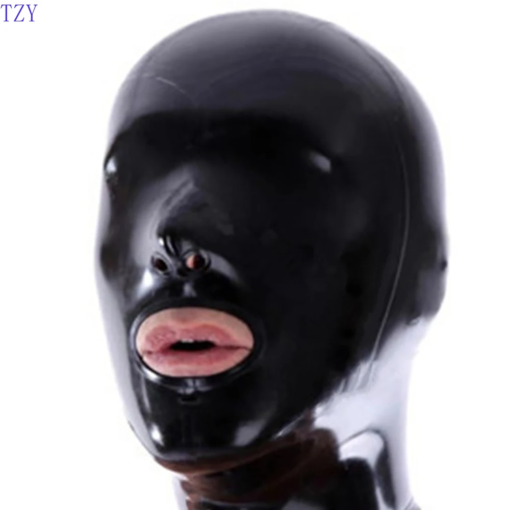 Latex Mask with Zipper Role Playing Fetish Party Props Men Black Latex Hood Mask Open Mouth and Nose