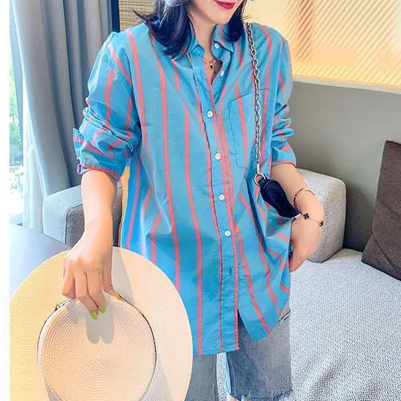 2023 Spring Autumn Female Striped Printed Turn-down Collar Shirt Fashion Casual Long Sleeve Single-breasted Loose Korean Blouse