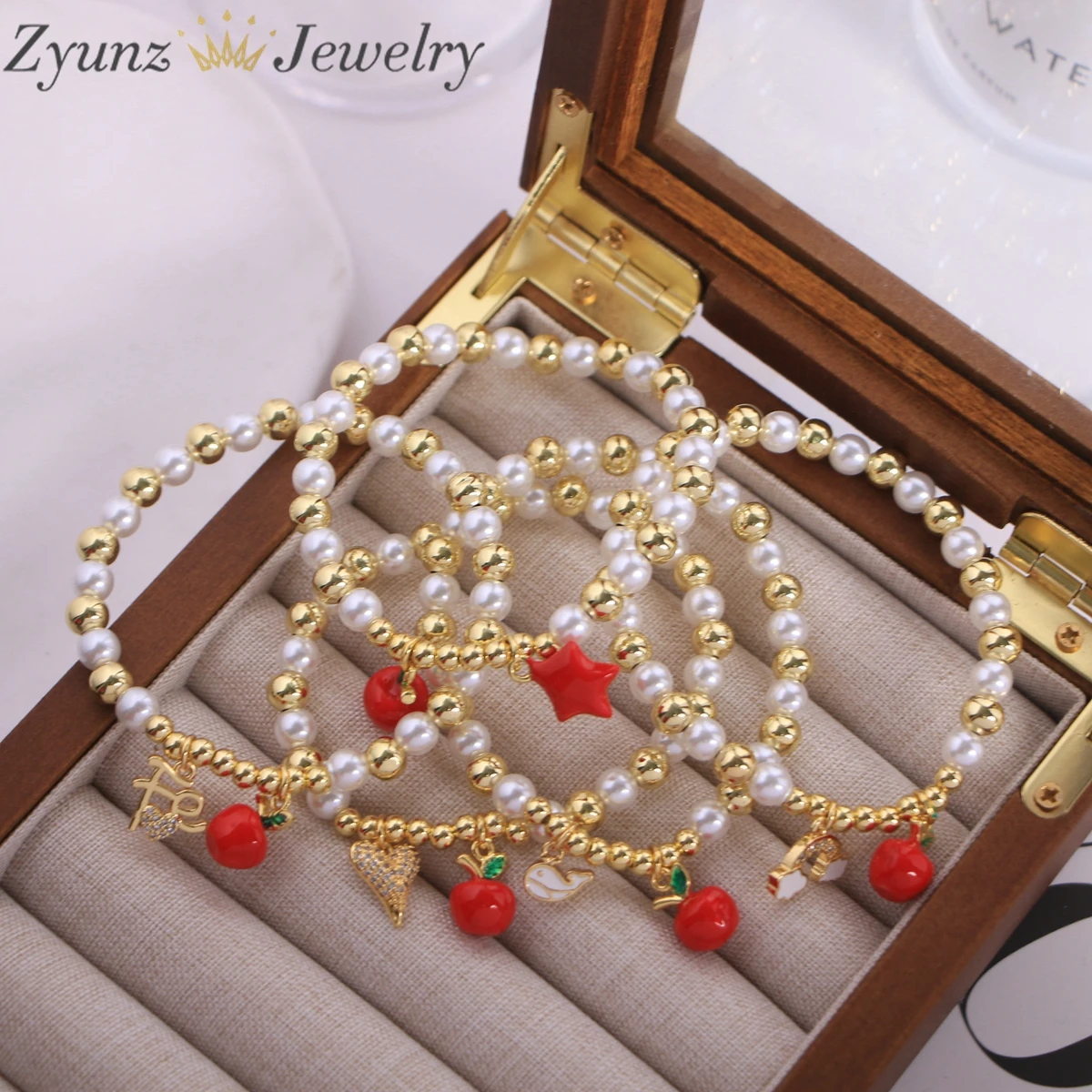 

5PCS, Heart Star Apple Fruit Imitation Pearl Gold Beads Bracelets Women Girl Party Jewelry Accessories Fashion Gift