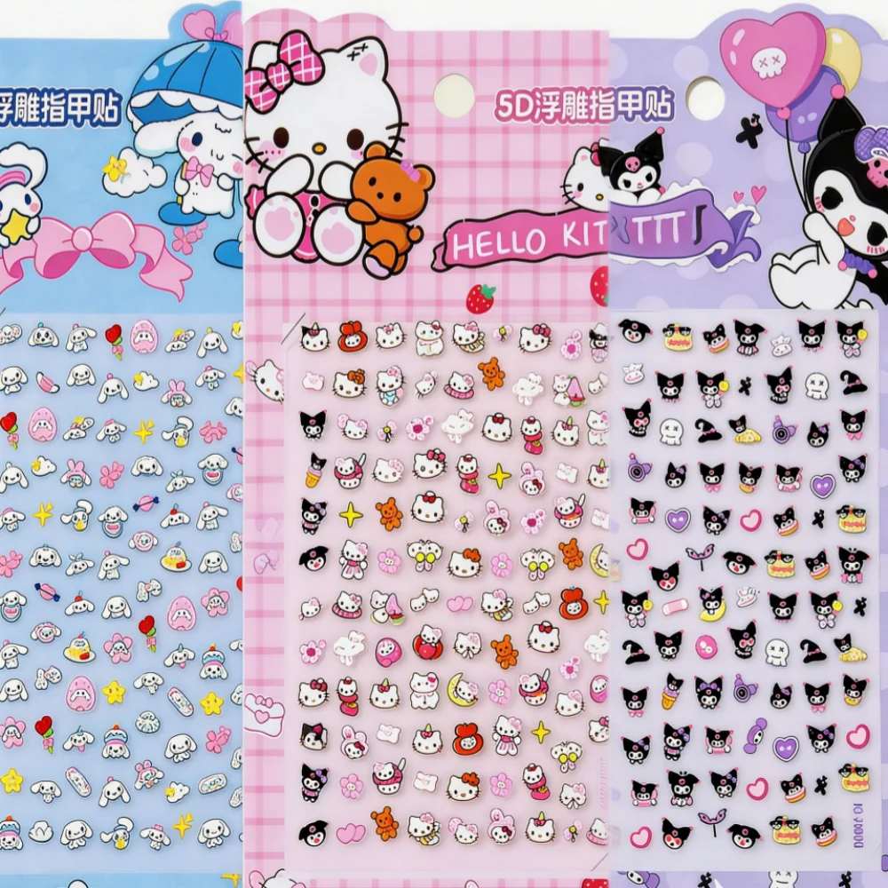 

1Sheets 5D Embossed Cute Cartoon Character Nail Stickers Kawaii Cinnamoroll, Hello Kitty, Kuromi Nail Decals DIY Manicure Slider