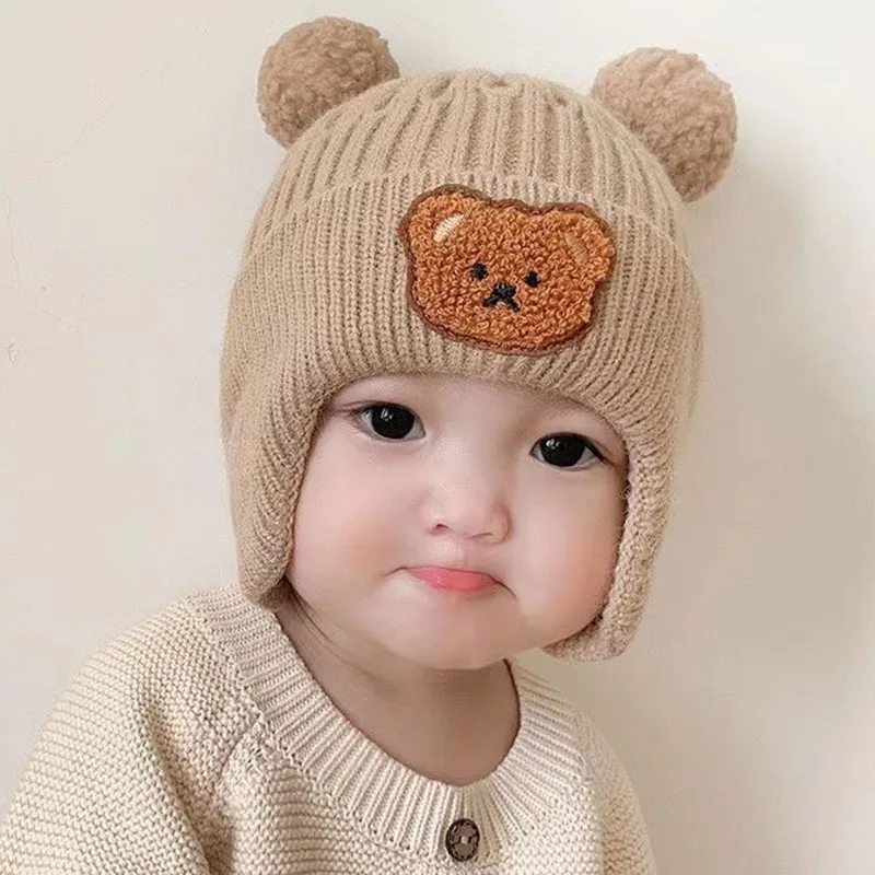 Cartoon Bear Baby Knitted Hats Autumn Winter Warm Newborn Infant Caps for Boys Girls Soft Hats Toddler Kids Bonnet Beanies 1-8Y