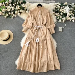 Neploe Slim Fit Stand Collar Lantern Sleeve Sweet Mujer Heavy Embroidery Crochet Dresses Slim Waist French Style Big Swing Robe