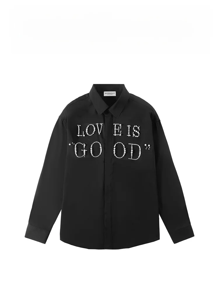 

BAIRBAOLIY American Luxury Pearl Embellied Long Sve irt Men's Faionable Casual irt Women's Loose Fit Polyester Fiber