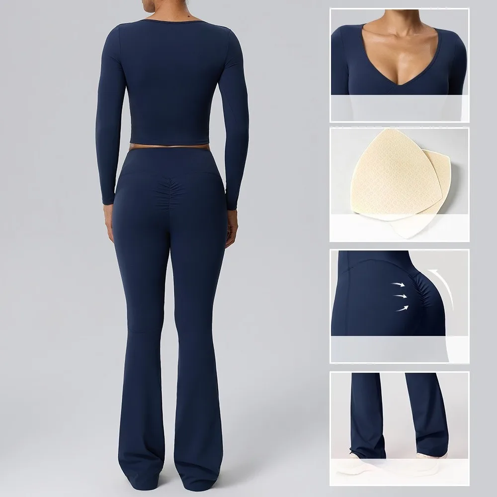 Women 2Pcs Yoga Outfit Double Brushed Deep V Long Sleeve Top Invisible Butt Lifting Flare Pants Stretch Fitness Gym Sports Set