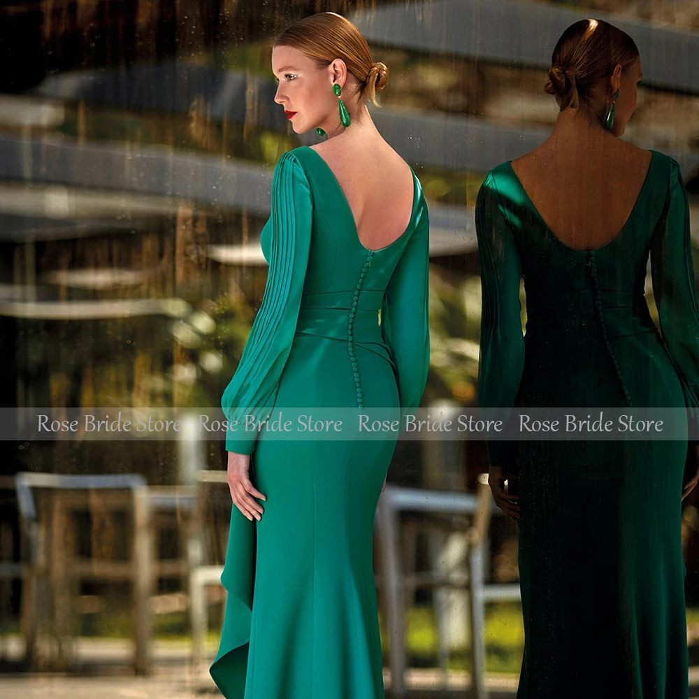 Vestido de fiesta de boda verde para mujer, manga larga, cuello de barco, Vestidos de Noche de sirena, abertura alta, volantes, Espalda descubierta,