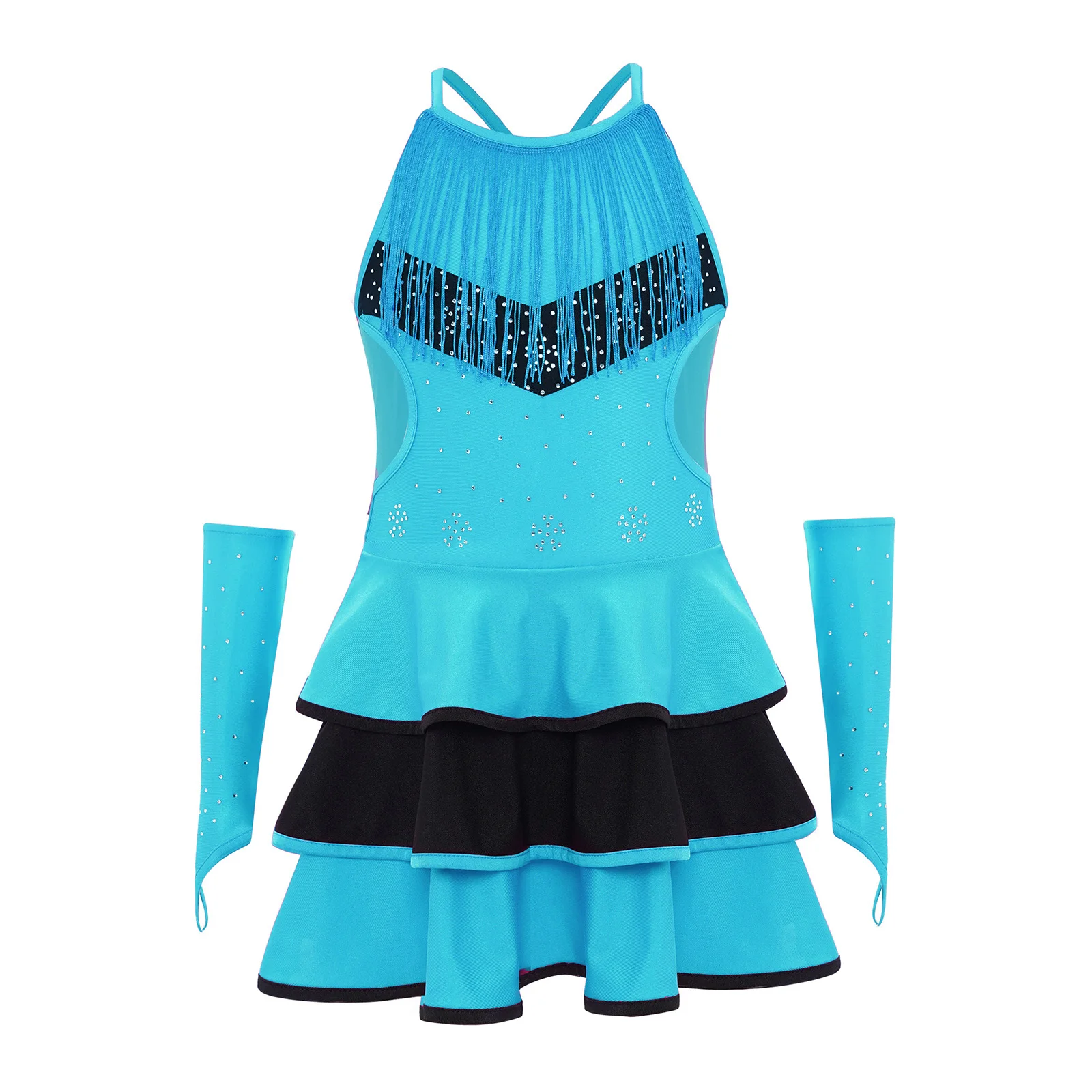 

Kids Girls Latin Dance Dress Tango Salsa Ballerina Costume Ballet Lyrical Dancewear Rhinestones Tassels Dress with Gloves Sets