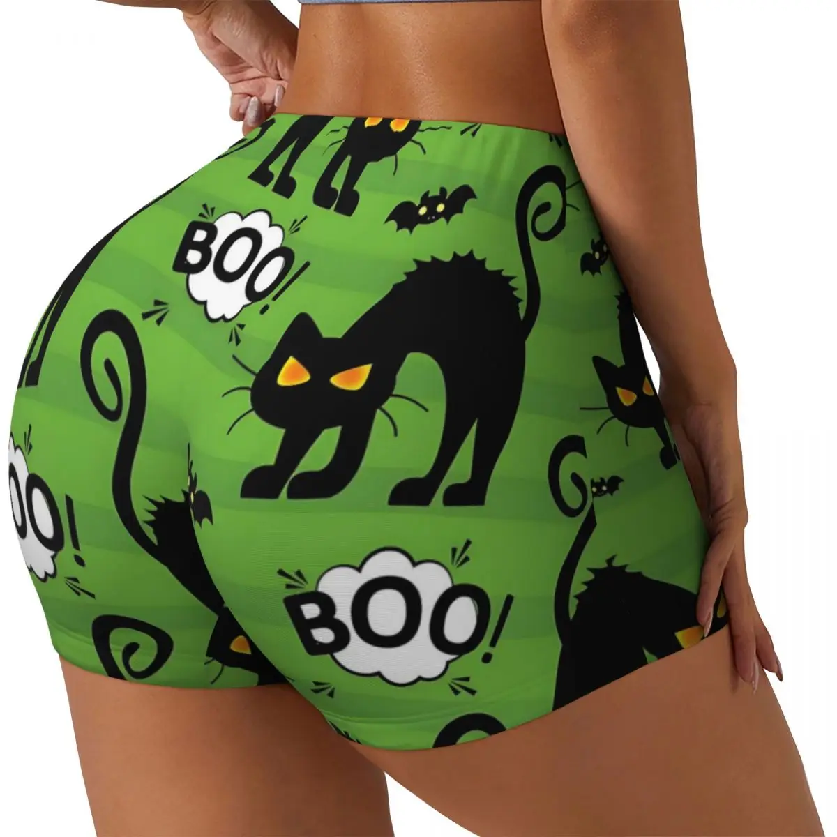 Custom Halloween Angry Cat Allover Green Workout Shorts for Women Gym Volleyball Running Yoga Shorts