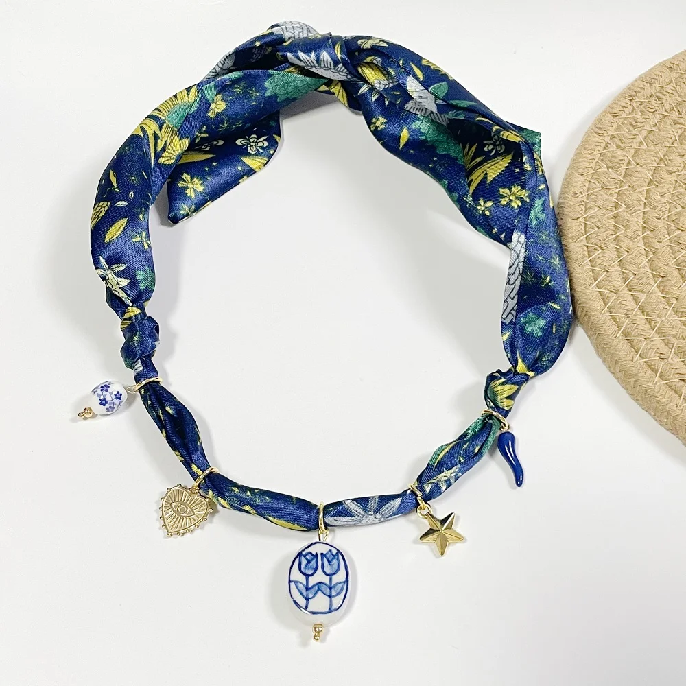 Boho Scarf Necklace Adjuatable Bandana Choker with Tulips Hearts Peppers Stars & Enamel Pendants