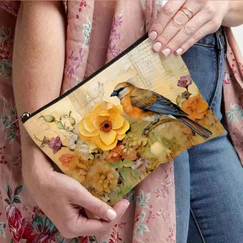 Kosmetyczka w stylu retro z kwiatowym wzorem i ptakami - urocza, wielofunkcyjna saszetka na zamek błyskawiczny, etui na biżuterię, idealna podróżna mała kosmetyczka na zamek.