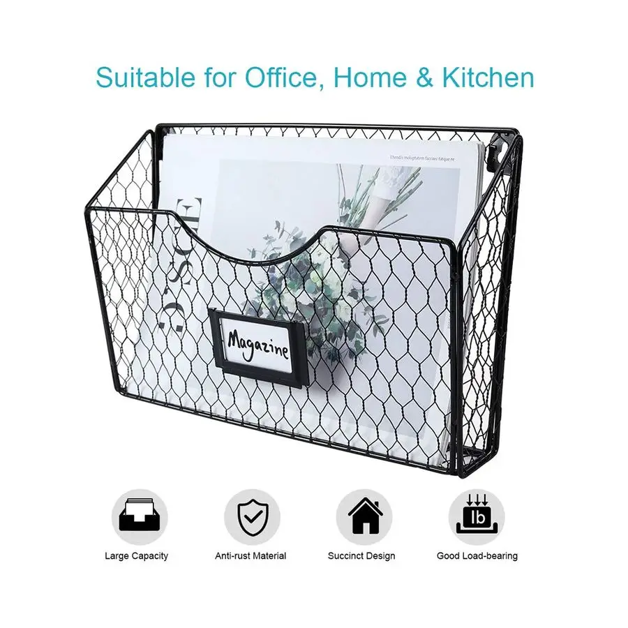 6 Pockets Hanging File Holder Wall Mount Mail Organizer Metal Chicken Wire Magazine Rack with Tag Slot, Black
