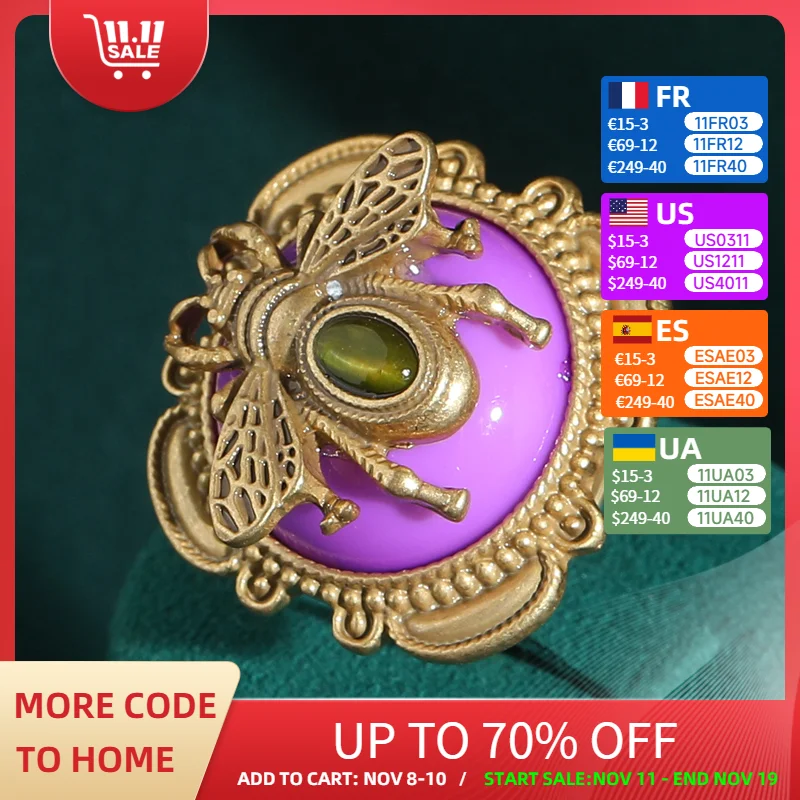 

Vintage Blue Bee Rings Honey Resin Antique Gold Color Moth Woman Natural Jewelry Accessories Classic Brand Retro New Trend 2025