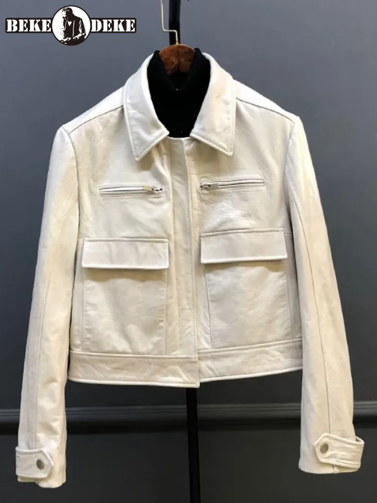 Damska kurtka biurowa ze skóry owczej, jednolity kolor, kołnierz, luźny krój, kieszenie, zamek błyskawiczny, długi rękaw, styl retro, odzież wierzchnia.