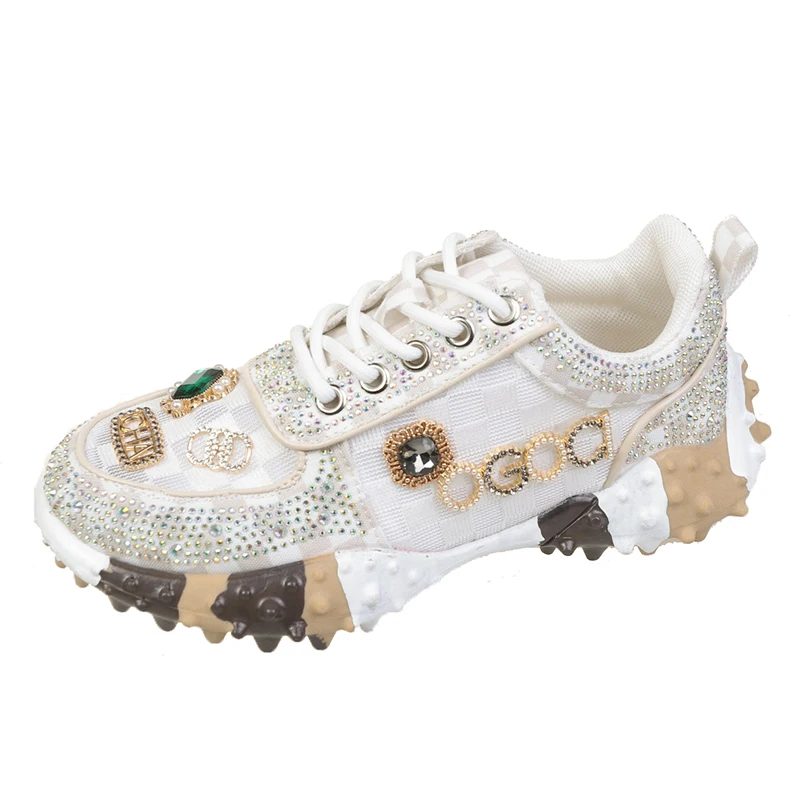 2023 Spring Summer Hip-Hop Rhinestone Women Sneakser Ins Tide Diamond Breathable Luxury Designers Casual Thick Bottoms Dad Shoes