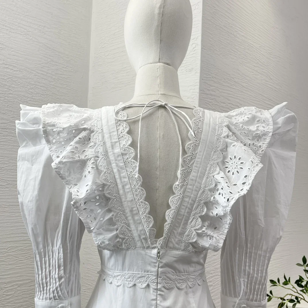 Cotton 2024 New Summer Holiday Design White Embroidery Hollow Out Half Sleeve Ruffles Deep V-neck Backless Mini Dress