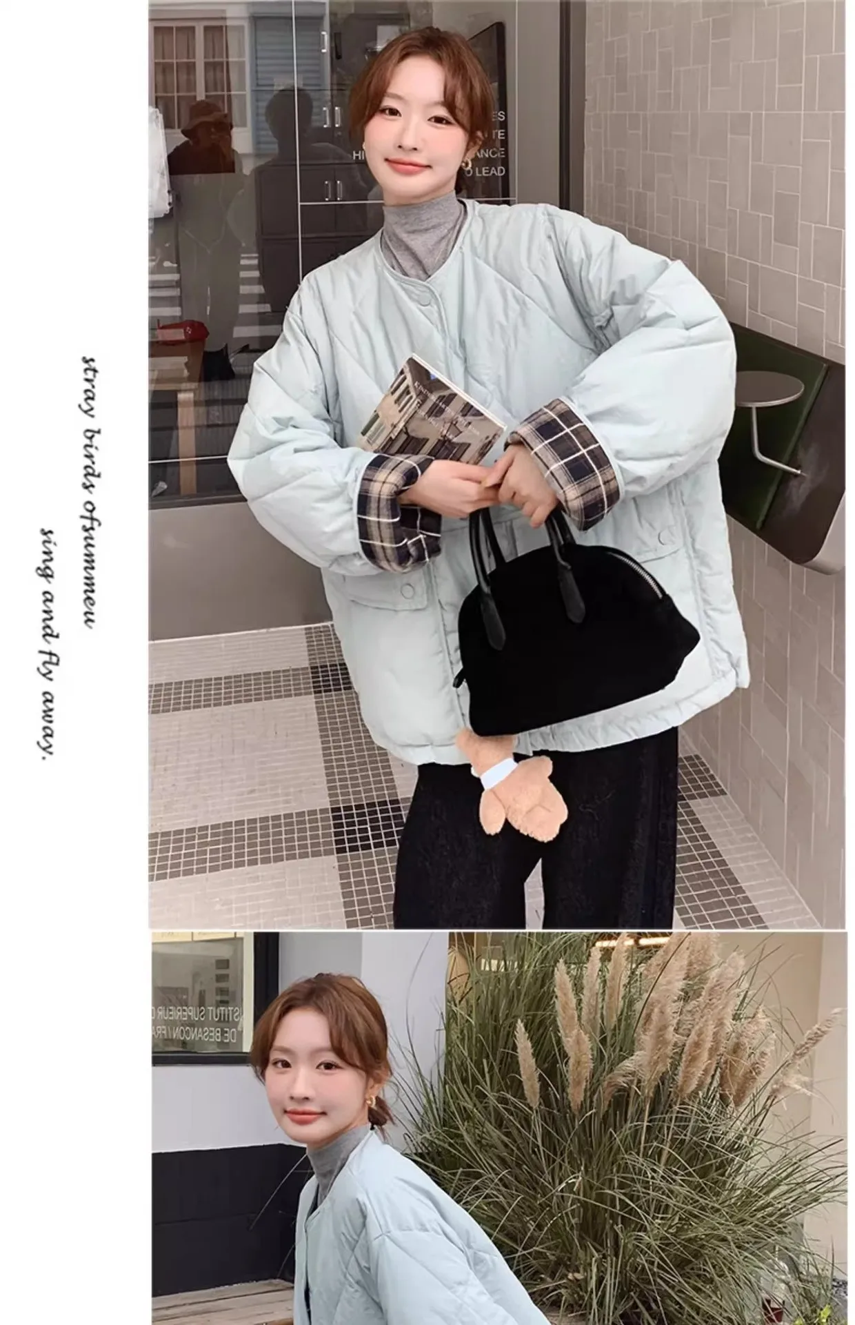 Retro Plaid Patchwork Lightweight Puffer Jacket Autumn Winter Loose Casual Quilted Jacket Female Round Neck Commute Padded Coats