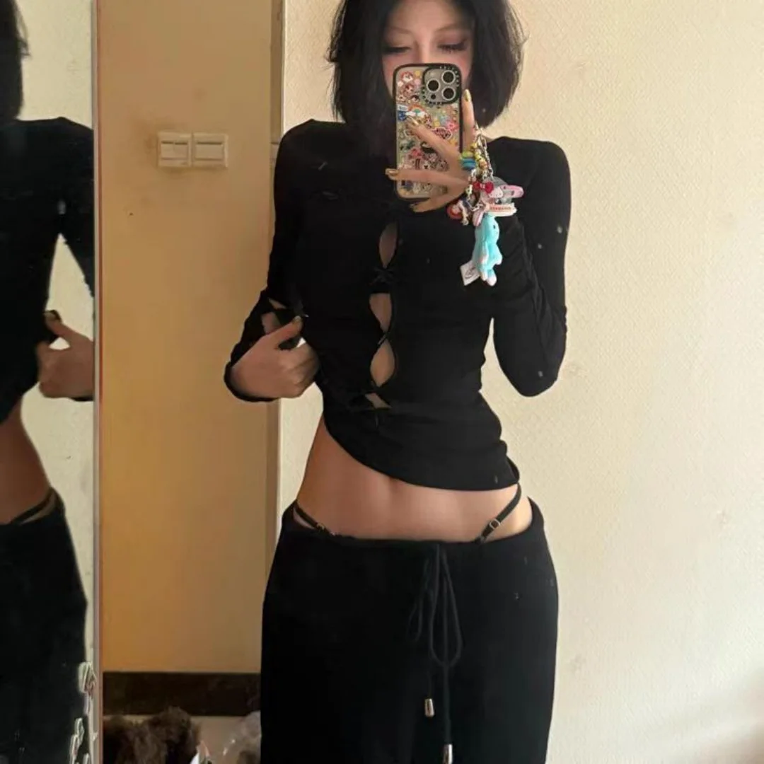 2026 New Spring Unique Design Slim Fit Top for Women Sweet Cool Girl Bow Cut Out Long Sleeve Flattering Casual Streetwear