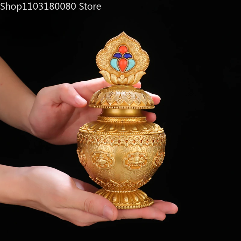 18cm Copper Ksitigarbha Yellow Jambhala Treasure Bottle Mani vase statue Tibet buddhism Eight auspicious wealth vase