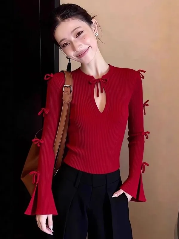 

Elegant Red Knitted Long Sleeve Hollow out Knot Top Women's Slim Fit Base Shirt Spring Autumn Winter Fashion Korean...