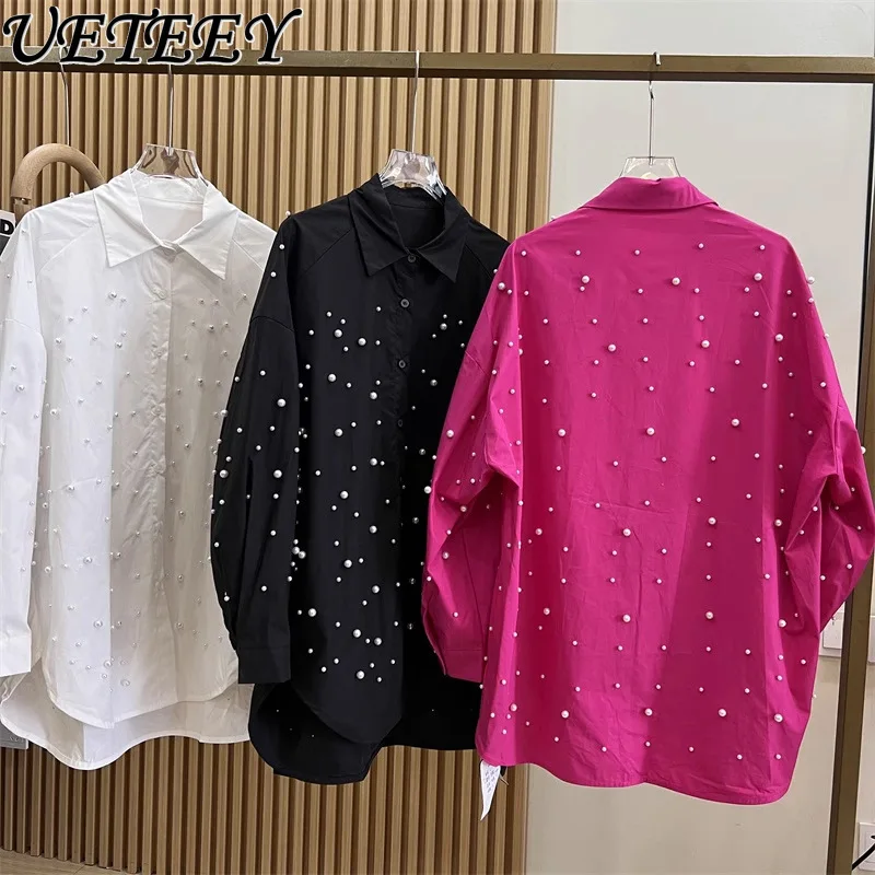 Camisa de manga larga de un solo pecho de la industria pesada de productos europeos, blusa informal de principios de primavera, Tops de Color sólido