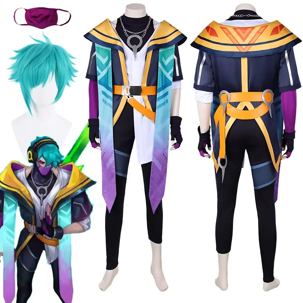 男性用スチールハート型コスプレ、ファンタジーウィッグ、マスク、手袋、スーツ、アニメゲーム、コスチューム、偽装、ハロウィーン、大人