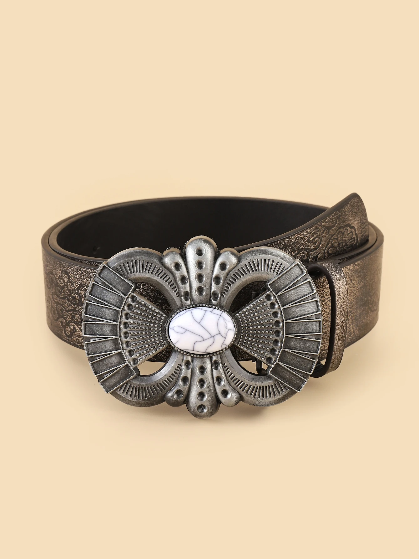 

Fashion White Turquoise Decor Textured Buckle Embossed Strap Women`s Belt