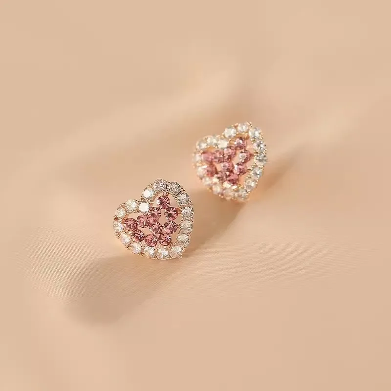 Elegant Pink Rhinestone Heart Studs - Matt Gold Plated, Chic and Comfortable Fashion Earrings, Ideal Gift Niche Style Hot List