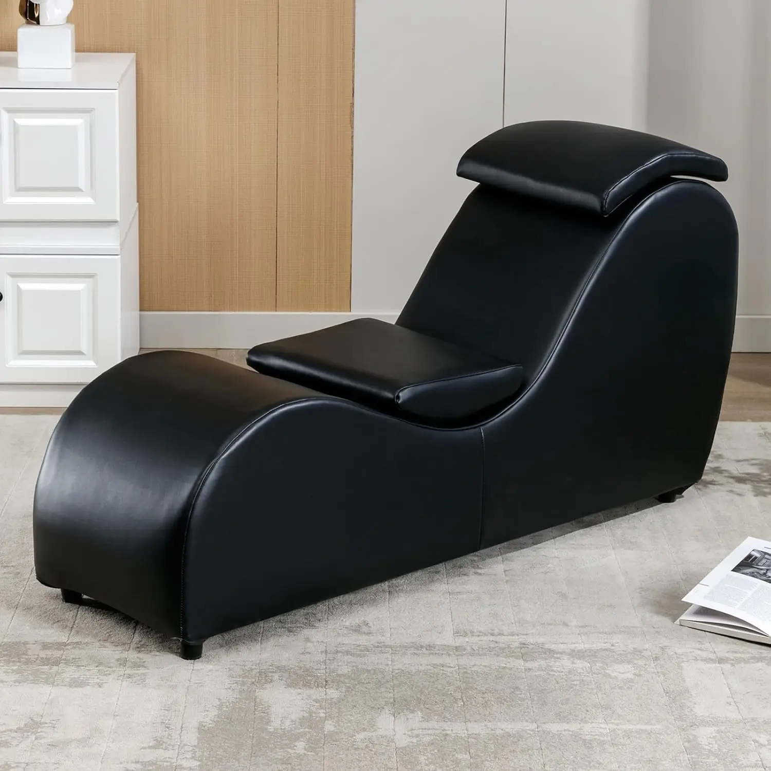 

Modern Curved Chaise Lounge Chair for Stretching and Relaxation, Faux Leather Yoga Chair with Adjustable Cushion, Black