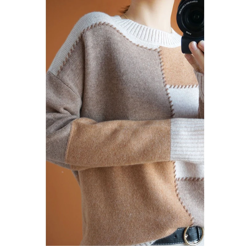 Autumn Winter Women Contrast Color Simple Casual All Match Knitted Sweater Female O Neck Long Sleeve Loose Pullover Tops Jumpers