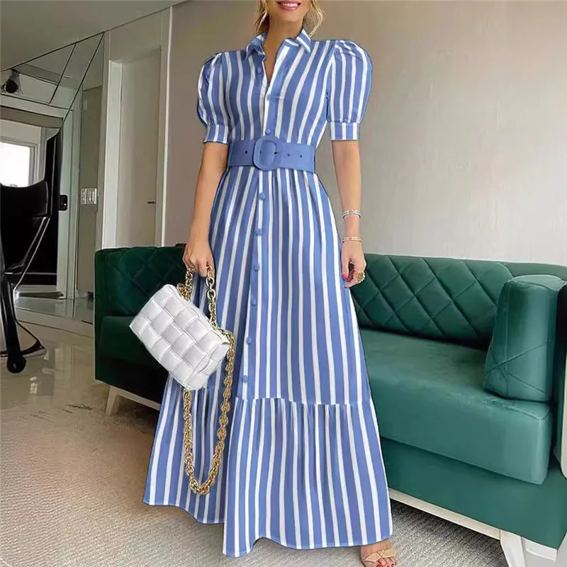 

French Holiday Chic Long Blue Stripe Shirt Dress Women New Summer Fashion High Waist Belted A Line Dress Short Sleeve Slim Dress