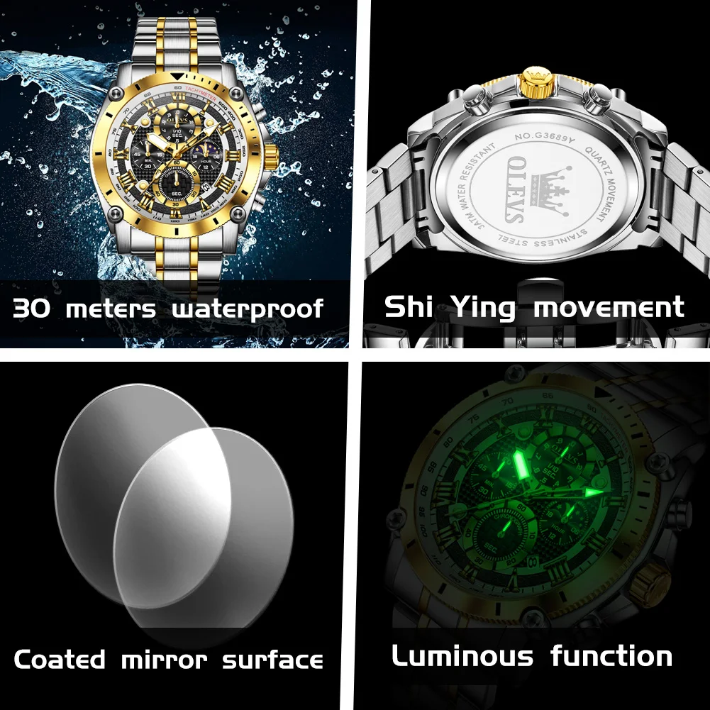 OLEVS 3689 Quartz Men's Watch Multi-functional Date Moon Phase Waterproof Luminous Watch for Men Sports Hand Clock view 5