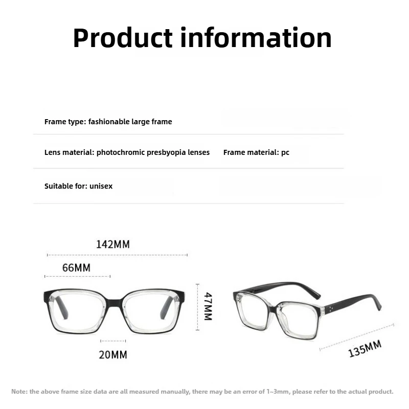Men's Photochromic Reading Glasses Women Color Changing Far Sight Eyeglasses Frames Trendy Square Frame Presbyopia 0 To +4.0