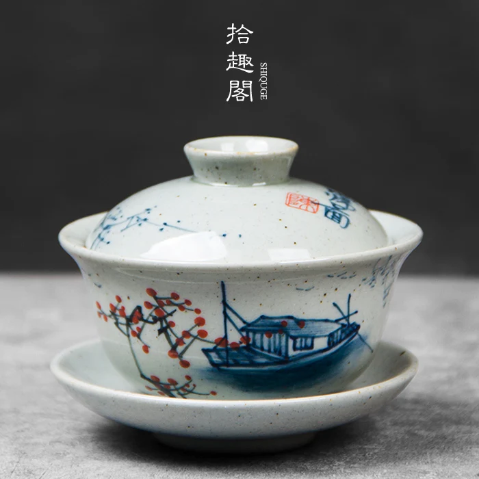 Chinese Hand-Painted Ceramic Three Piece Lid Bowl, Coarse Pottery Large Tea Jingdezhen Blue And White Set, Household