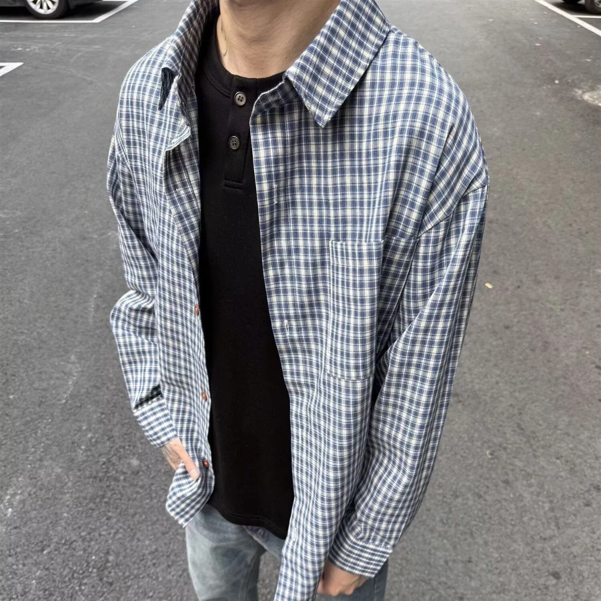 

Men's Long Sleeve Shirt Checkered Casual Thin Base Layer Autumn Winter Korean Style Trendy Leisure Match All Cotton Jacket