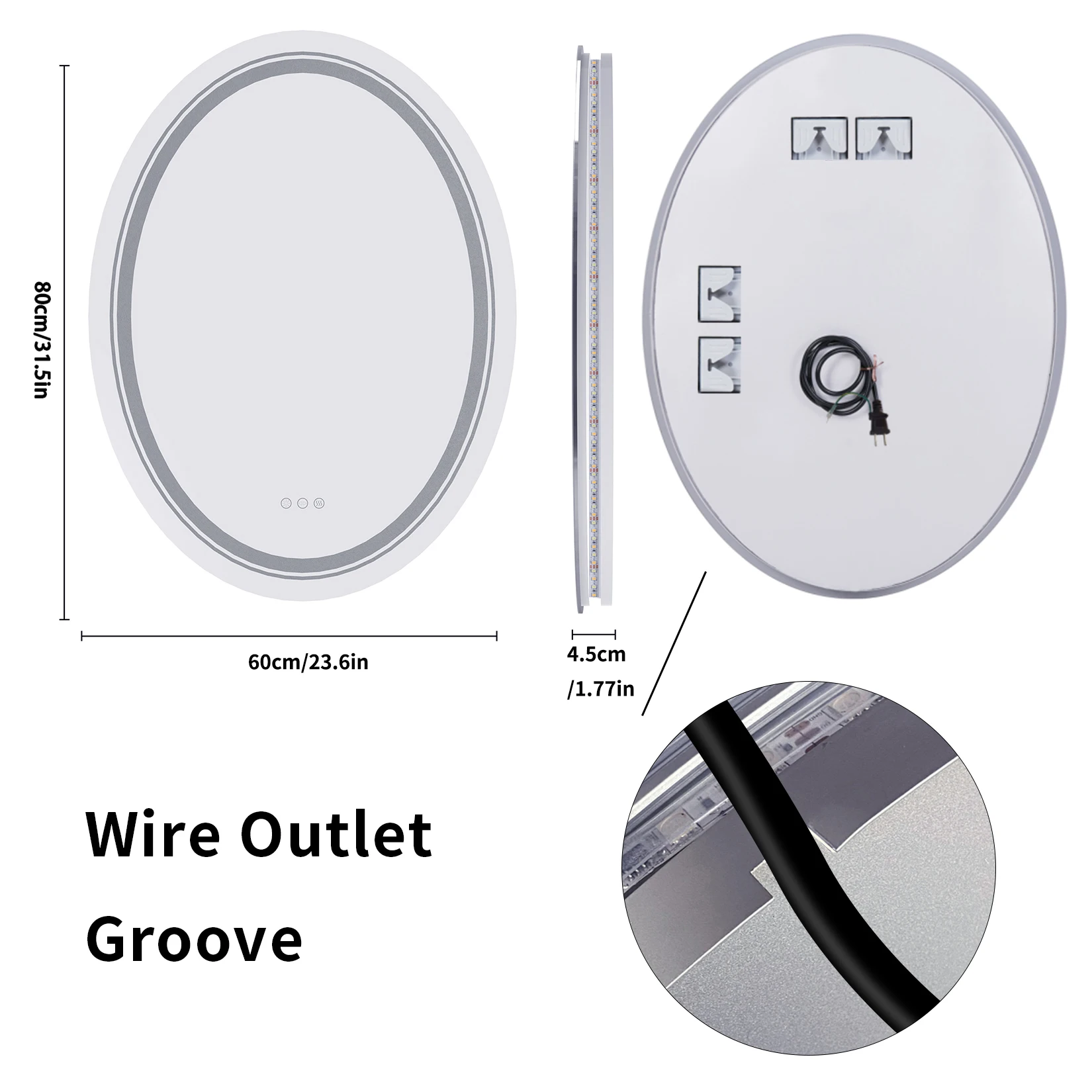 600x800mm LED Oval  Anti-Fog Smart Touch Sensor Memory Function Wall Vanity Mirror Bathroom Backlit Front Lighted with 3 Colors