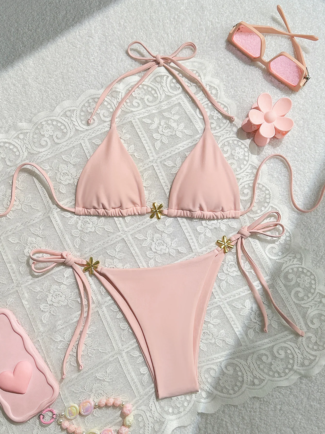

S - XL Metal Flower Halter Strappy Bikini Female Swimsuit Women Swimwear Two-pieces Bikini set Bather Bathing Suit Swim