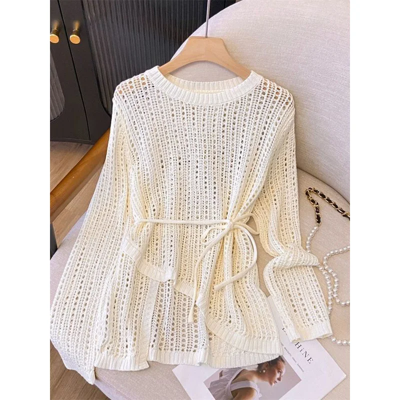 Summer New Lazy Style Round Neck Irregular Hook Flower Hollow Out Knitted Sweater for Women's Loose Air Conditioned Shirt Top