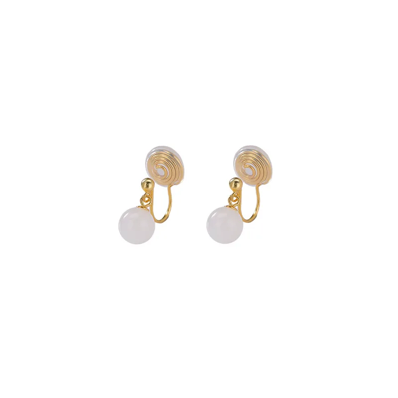Hetian S925 Sterling Silver Gold-Plated White Jade Round Bead Non-Piercing Mosquito Coil Clip-On Earrings