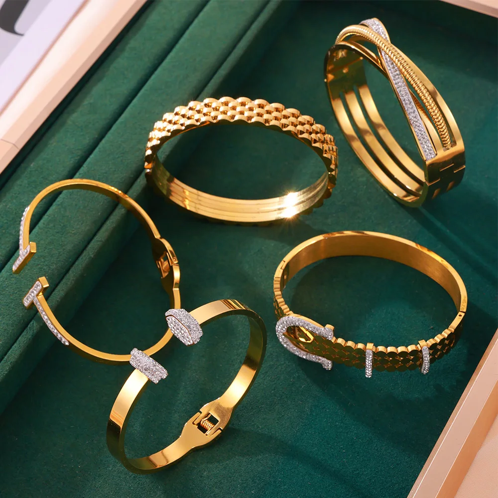 Belt Design Trendy Stainless Steel Zirconia Bracelet For Women Vintage Shiny Surface Bangle Luxury Jewelry