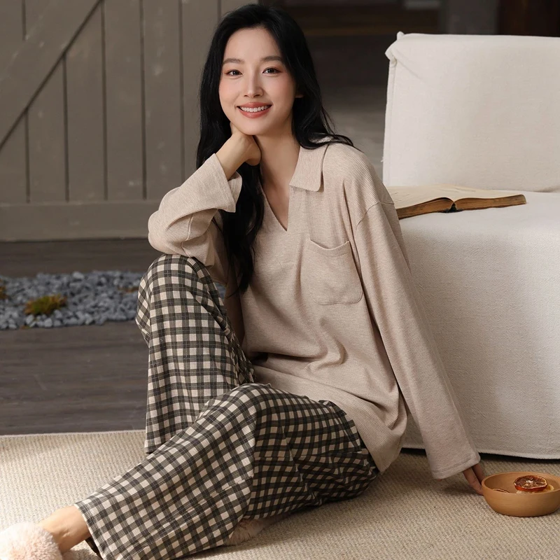 أطقم بيجامات قطنية مشروط جديدة لخريف 2025 بأكمام طويلة ورقبة على شكل حرف v للنساء ملابس نوم كورية بيجامة ملابس منزلية بيجاما موهير ملابس منزلية #3
