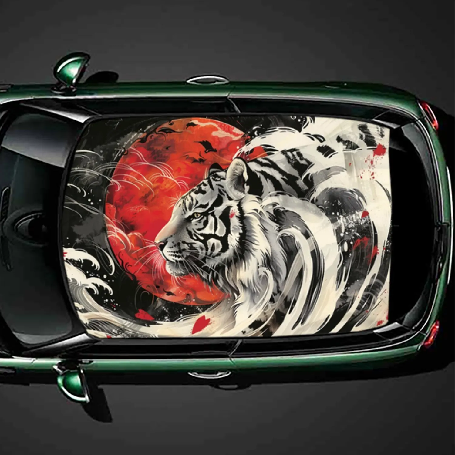 Weird and terrifying blood moon and white tiger car roof vinyl wraps decal,self-adhesive waterproof car exterior personalized ac
