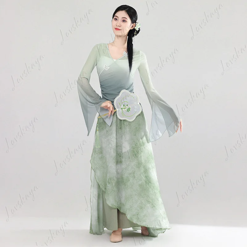 زي الرقص الكلاسيكي، فستان من الشاش المتدفق، زي الأداء، وضع الجسم الأثيري، رقص التدريب، البدلة الصينية