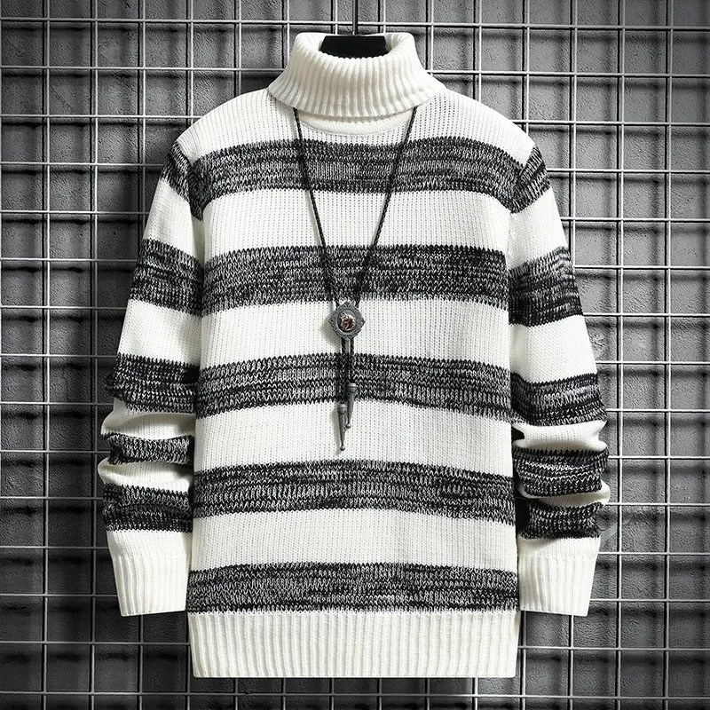 

Autumn Winter Men's Knitted High Ne Sweater Base Layer Teenage Stripe Overhead M Model Fce Soft Comfortable Breathable