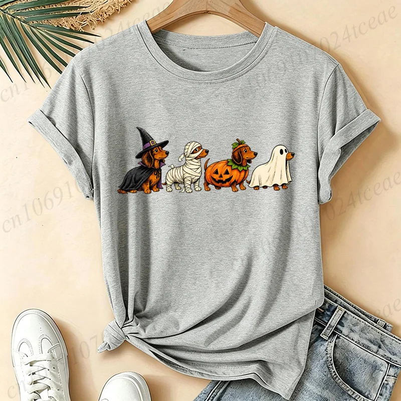 Hip Hop Streetwear Women'S Casual Graphic T-Shirt Dachshund Halloween Print T Shirt Clothing Friends Dachshund Spooky Top Tees