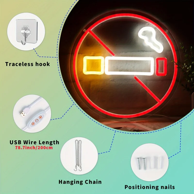 Household and Commercial Use“No Smoking”Neon Light - USBPower Supply with Dimmer Switch，Multicolor Wall Decoration Lamp，12x12Inc